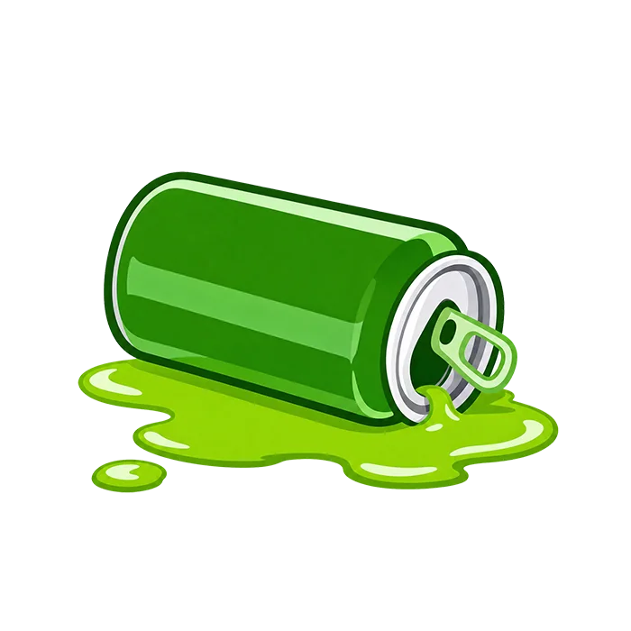 Umgekippte grüne Dose mit auslaufender Flüssigkeit